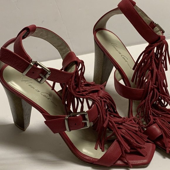 Kenneth Cole Pink Fuchsia Leather Fringe Wood Heels Sandals Sz 8M Ankle Straps - Picture 1 of 9